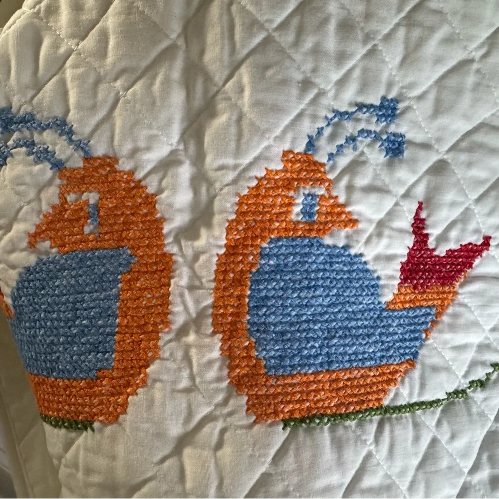 Vintage Lovebirds Needlepoint Quilt‎ Folk Art Heart Floral Bedspread Queen XL